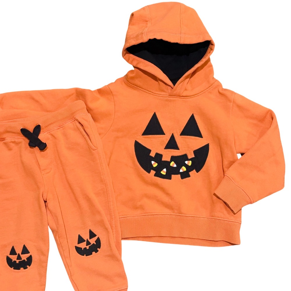 Gymboree Kids Orange Pumpkin Face Hoodie Sweatshirt Jogger Pants Set 2T - Picture 2 of 5